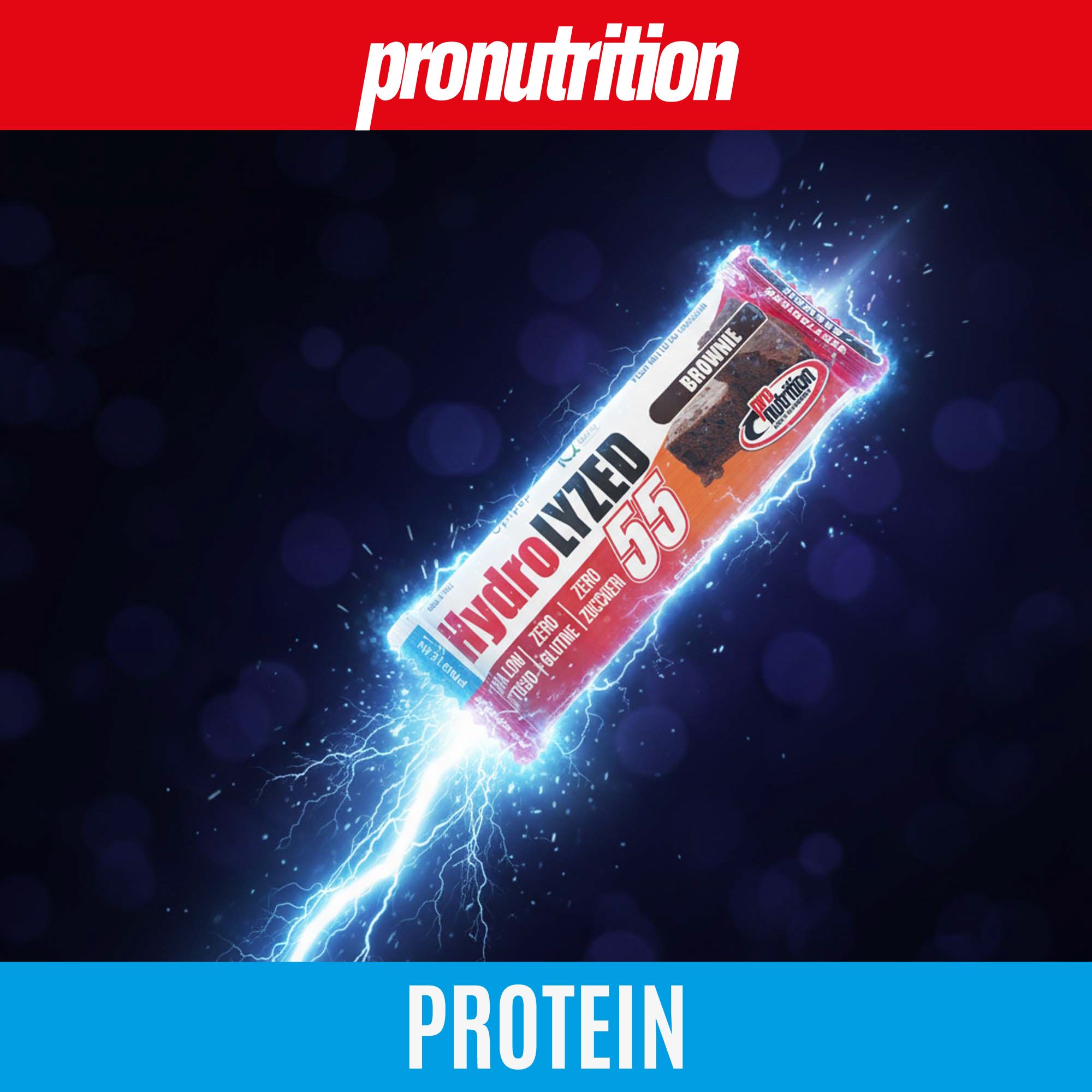 Barretta con fulmine. Scritte: Hydrolyzed 55, Brownie. Marchio: pronutrition. Testo: PROTEIN.