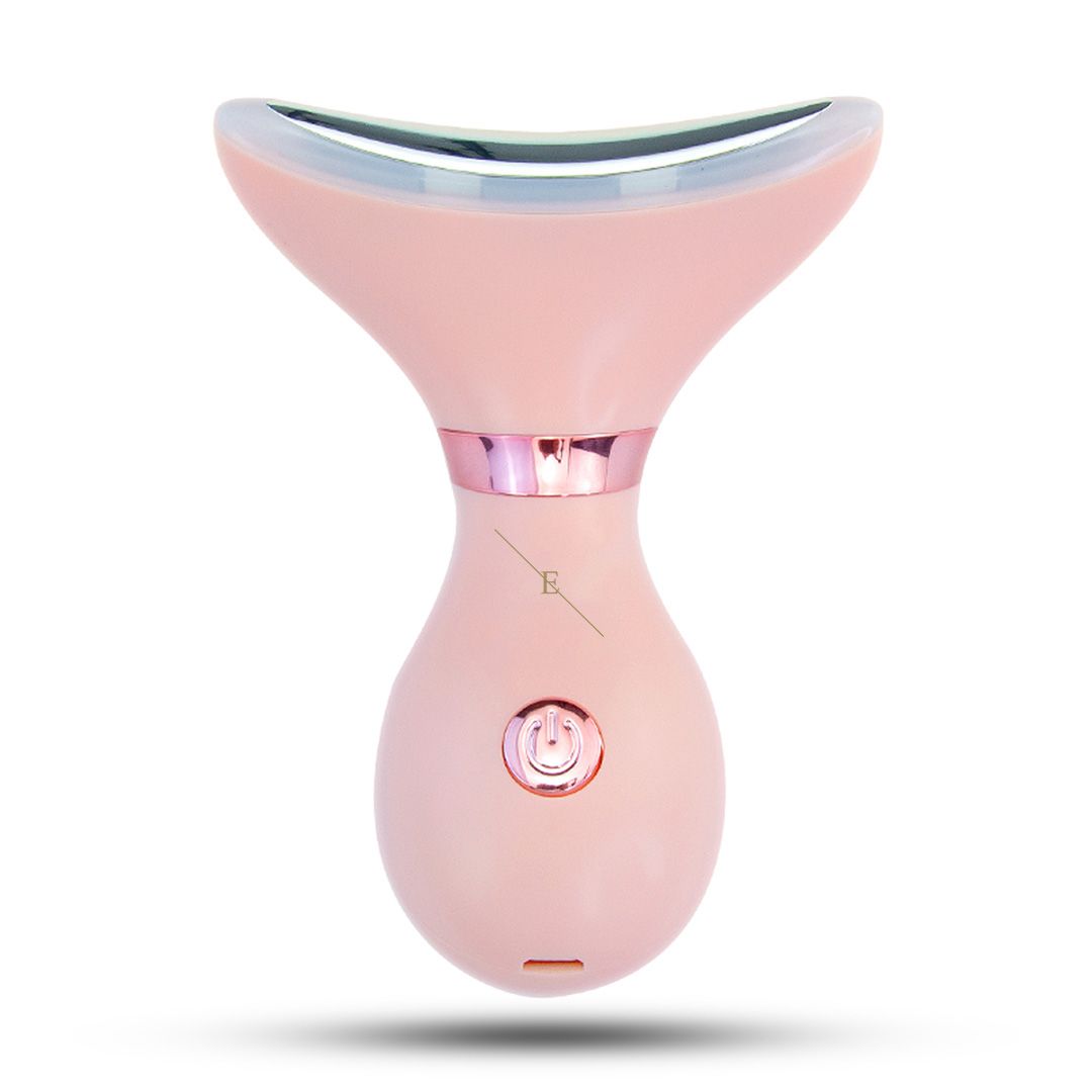 Dispositivo LED rosa per definire collo e mascella. Bordo argentato e pulsante di accensione/spegnimento.