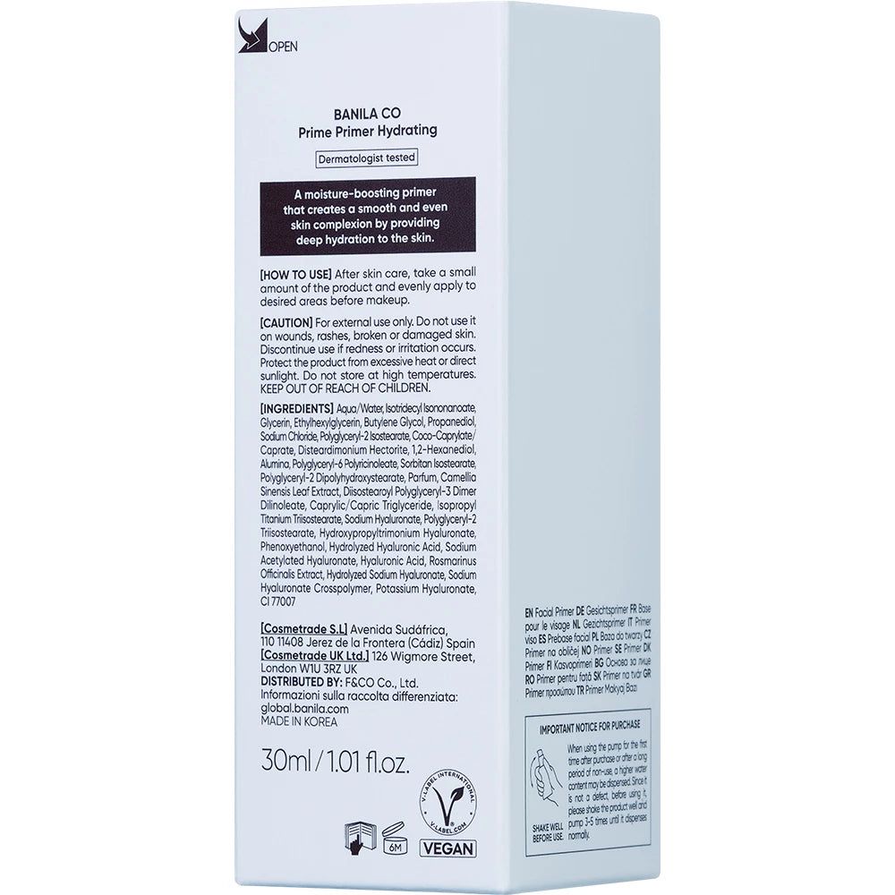 Confezione prodotto con testo e ingredienti. Scritta: PRIME PRIMER HYDRATING, BANILA CO. Logo vegano.