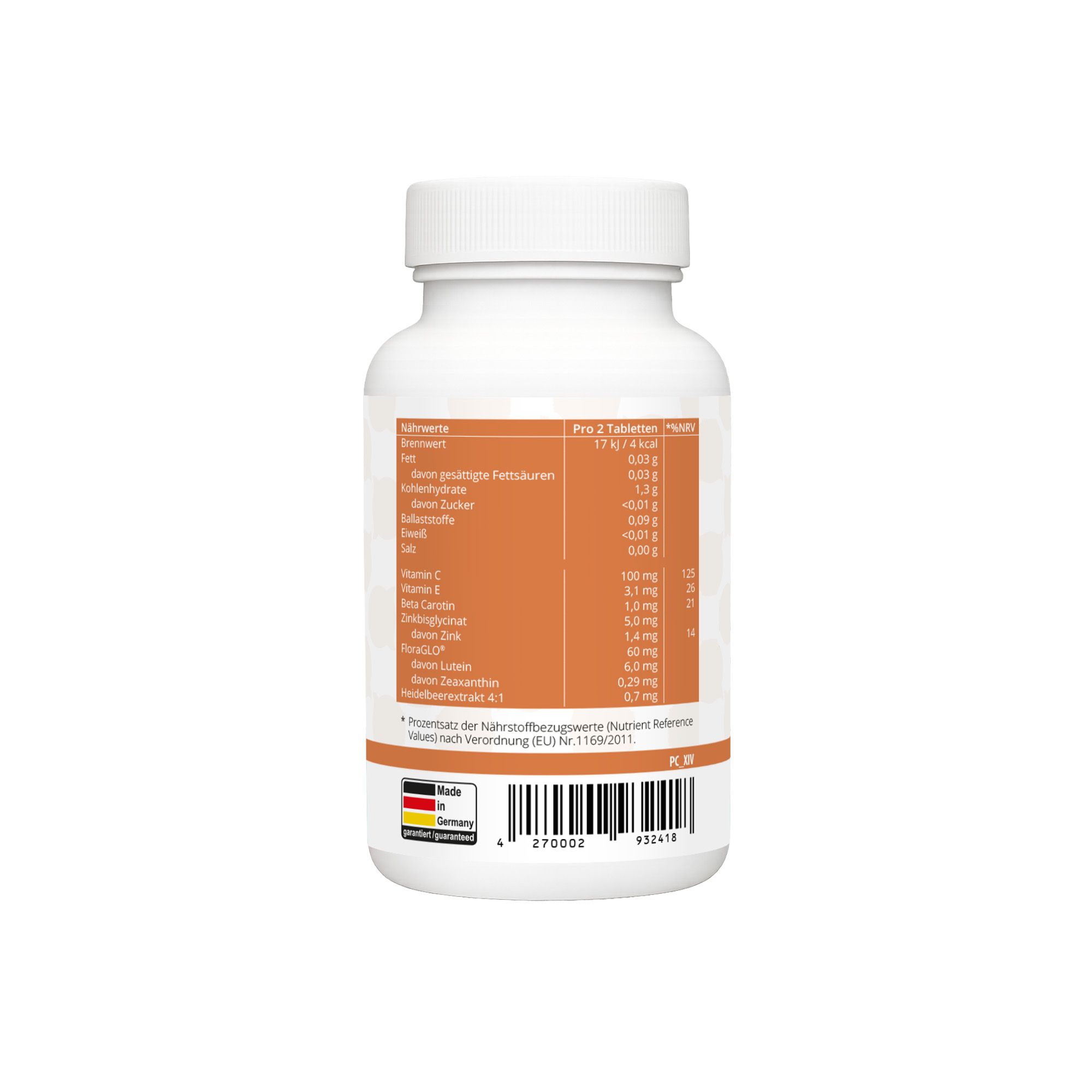 Flacone di compresse bianco con etichetta marrone. Contiene informazioni nutrizionali e il logo "Made in Germany".