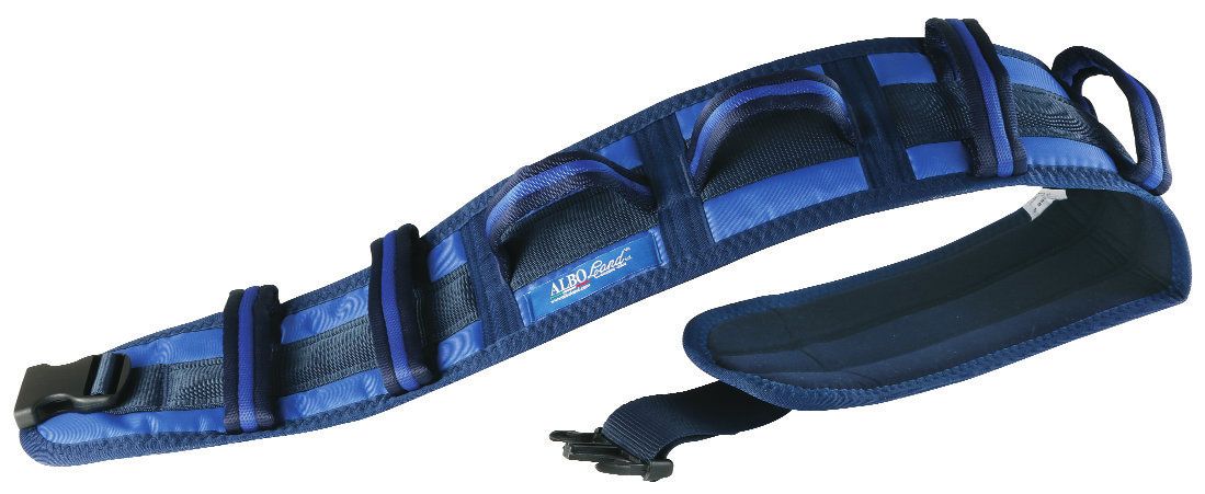 Cintura di trasferimento blu con maniglie e fibbia. Dettagli blu scuro. Imbottita. Logo visibile.