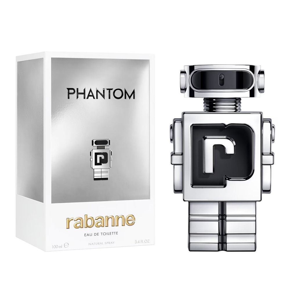 Flacone e confezione Paco Rabanne Phantom Eau de Toilette. Flacone robot argentato accanto a scatola bianca.