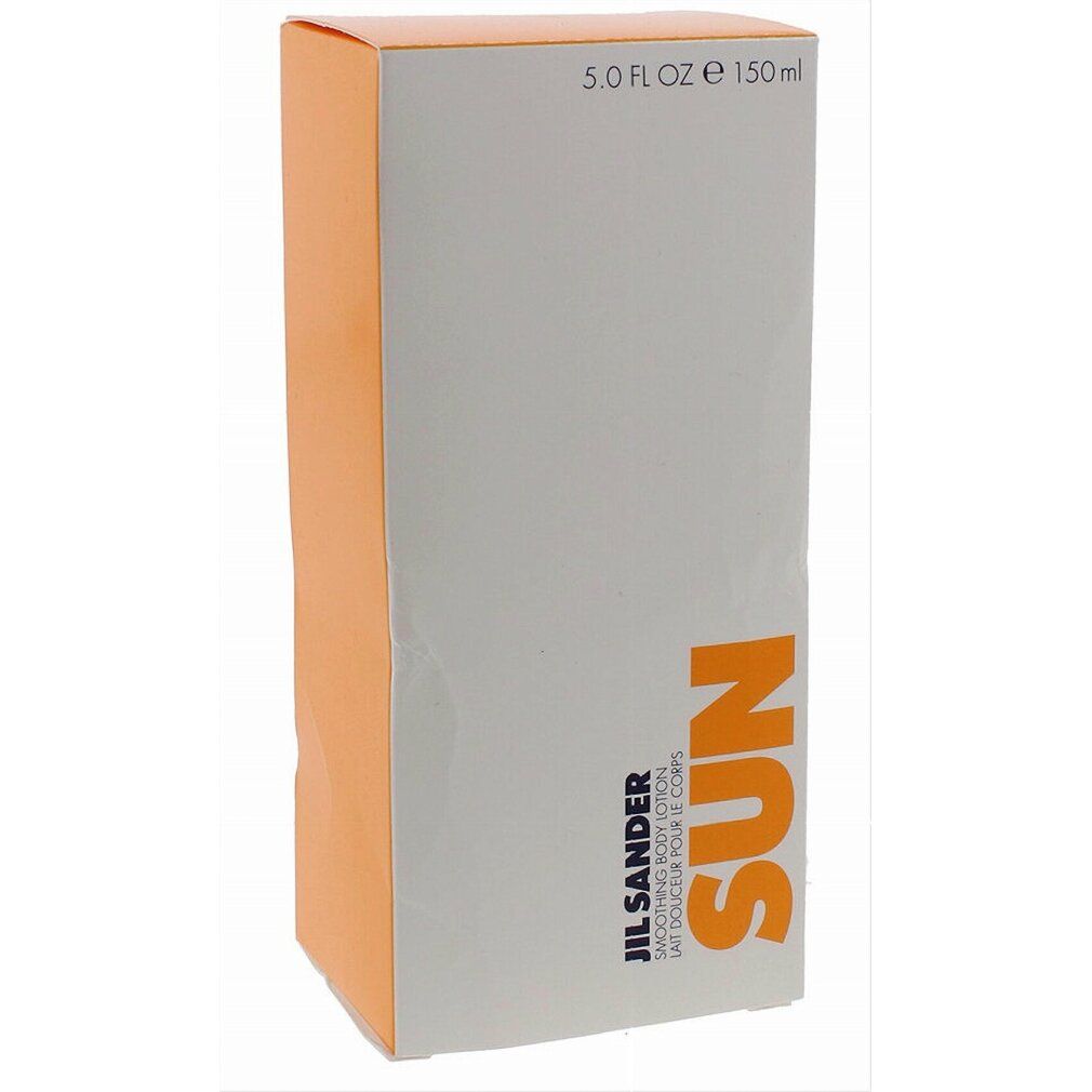 Scatola grigia e arancione con scritta SUN. JIL SANDER e testo. 5.0 FL OZ e 150 ml.