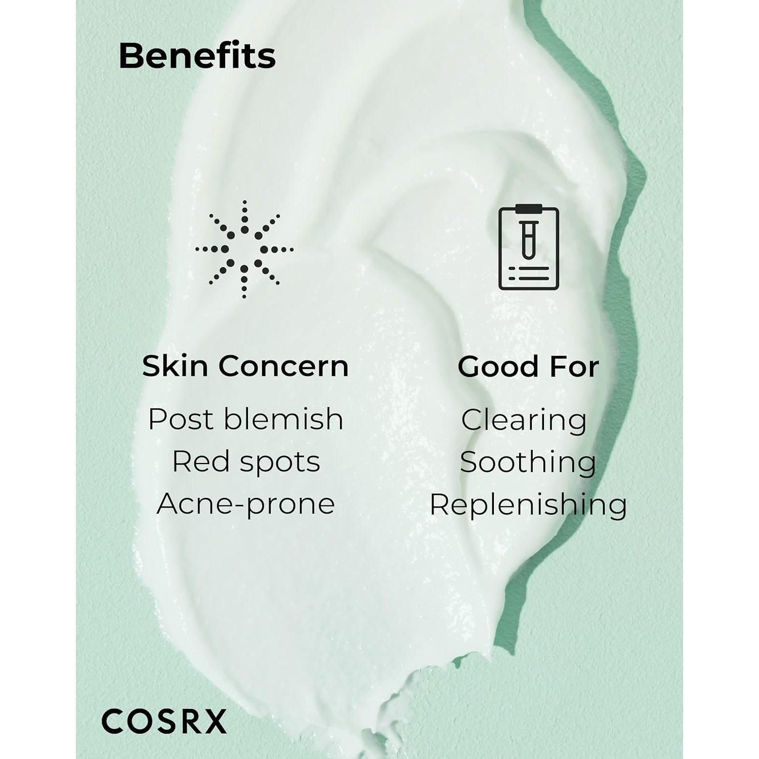 Primo piano di crema e ingredienti. Testo: 50% Centella Asiatica Leaf Water, 7% Zinc Oxide. Logo COSRX.