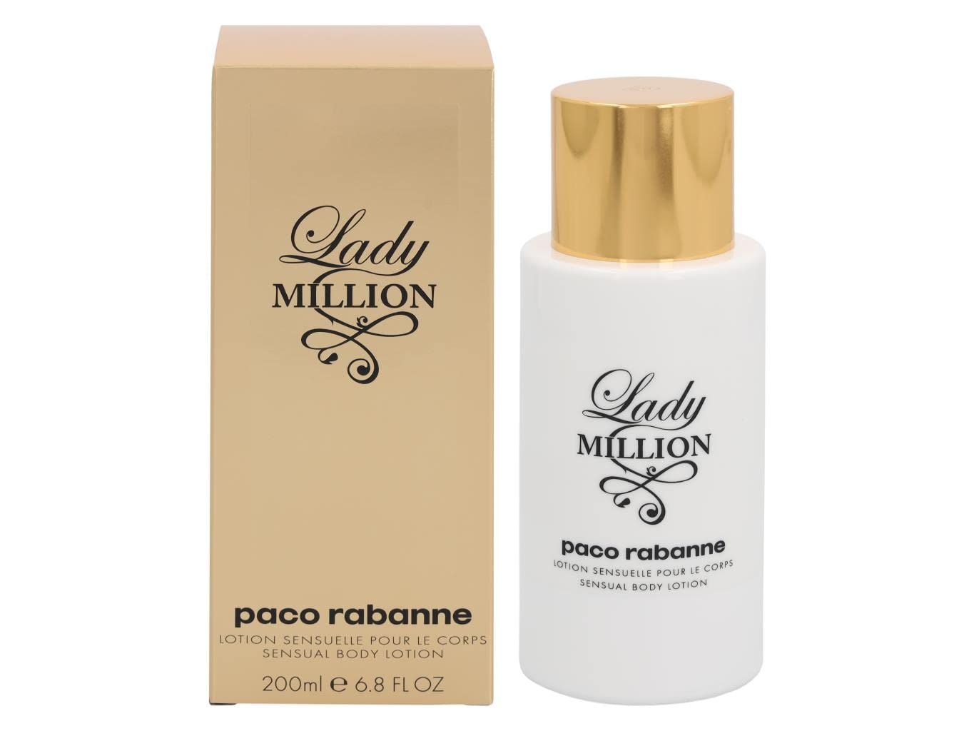 Flacone bianco e confezione dorata. 'Lady Million' e 'Paco Rabanne'. Lozione corpo sensuale. 200ml.