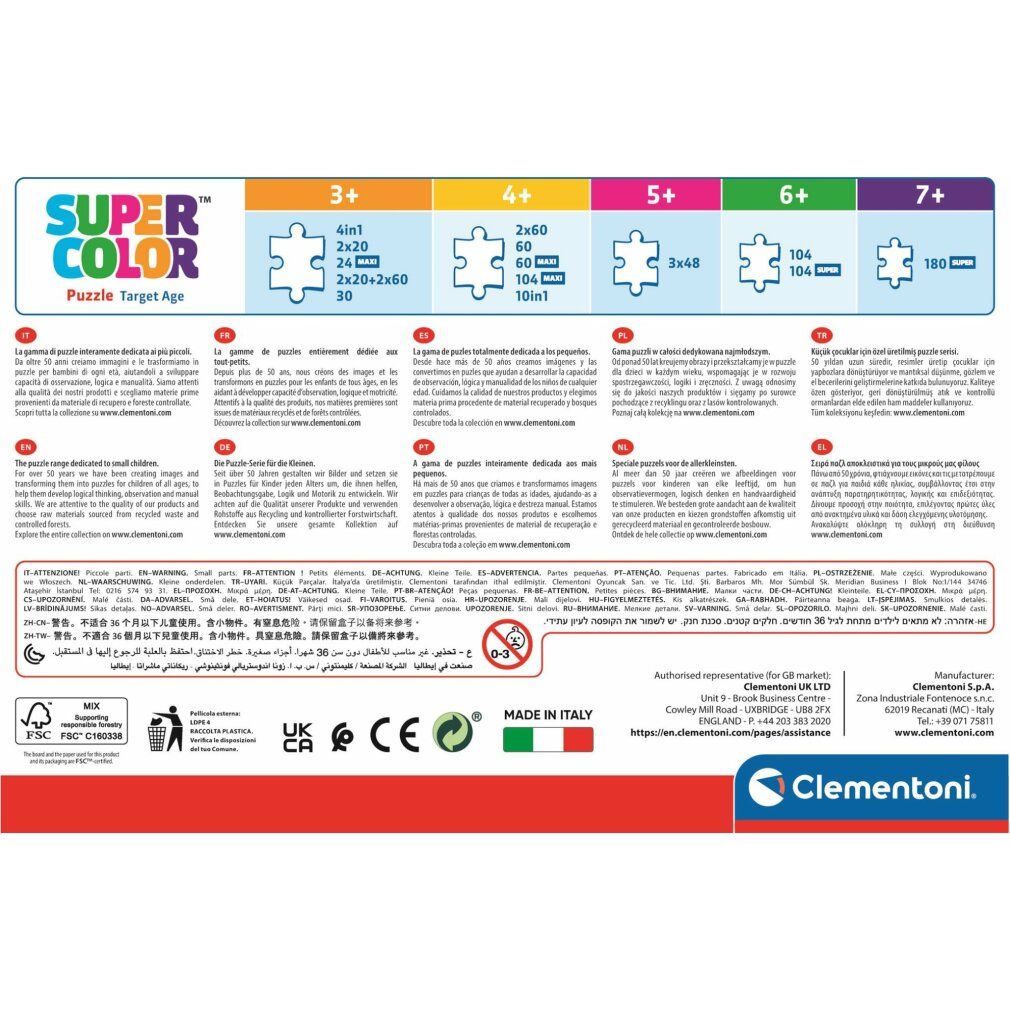 Retro della scatola del puzzle Clementoni. Contiene informazioni sui pezzi, consigli sull'età e certificazioni.
