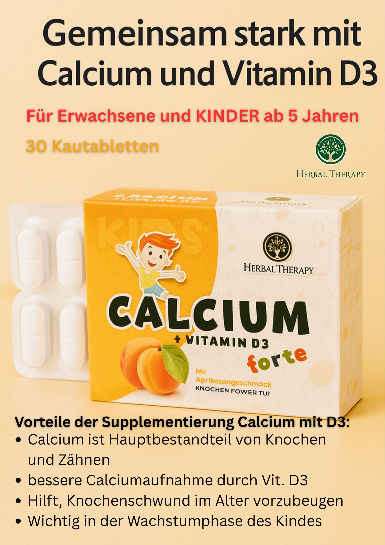 Immagine pubblicitaria con confezione del prodotto. Scritta: Calcium + Vitamina D3 forte. Logo: Herbal Therapy. Testo: Per adulti e bambini dai 5 anni.