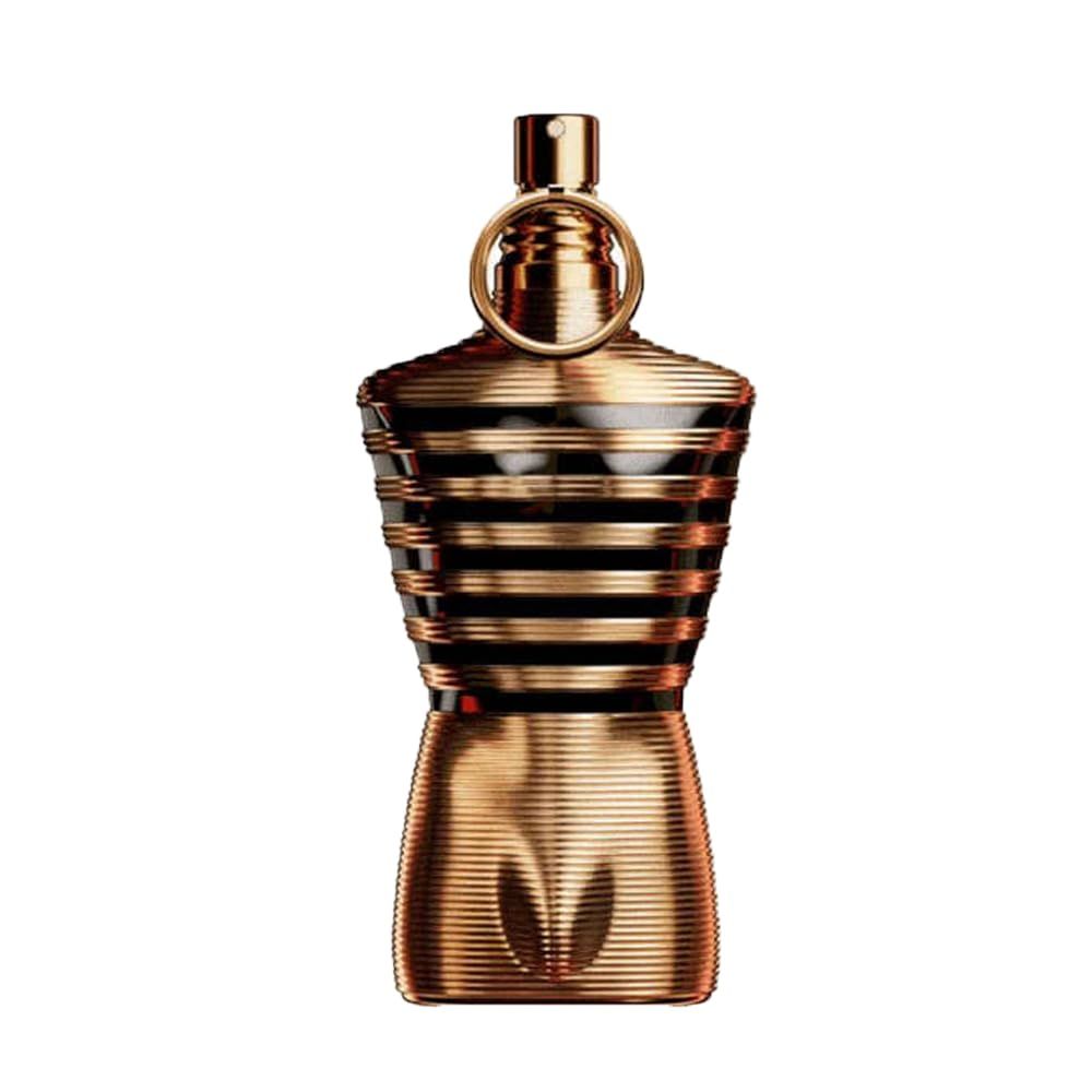 Flacone dorato a forma di torso. Strisce nere. Testa vaporizzatore dorata con anello.