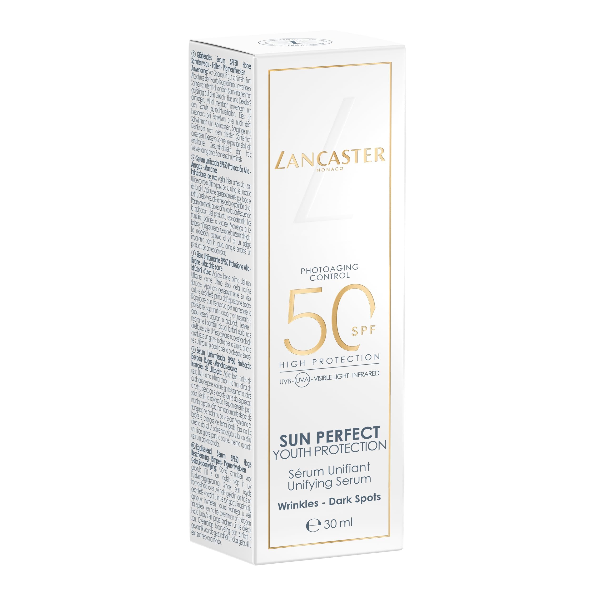 Confezione con scritta: Lancaster, SPF 50, Sun Perfect Youth Protection. Contiene siero. Confezione bianca con dettagli dorati.