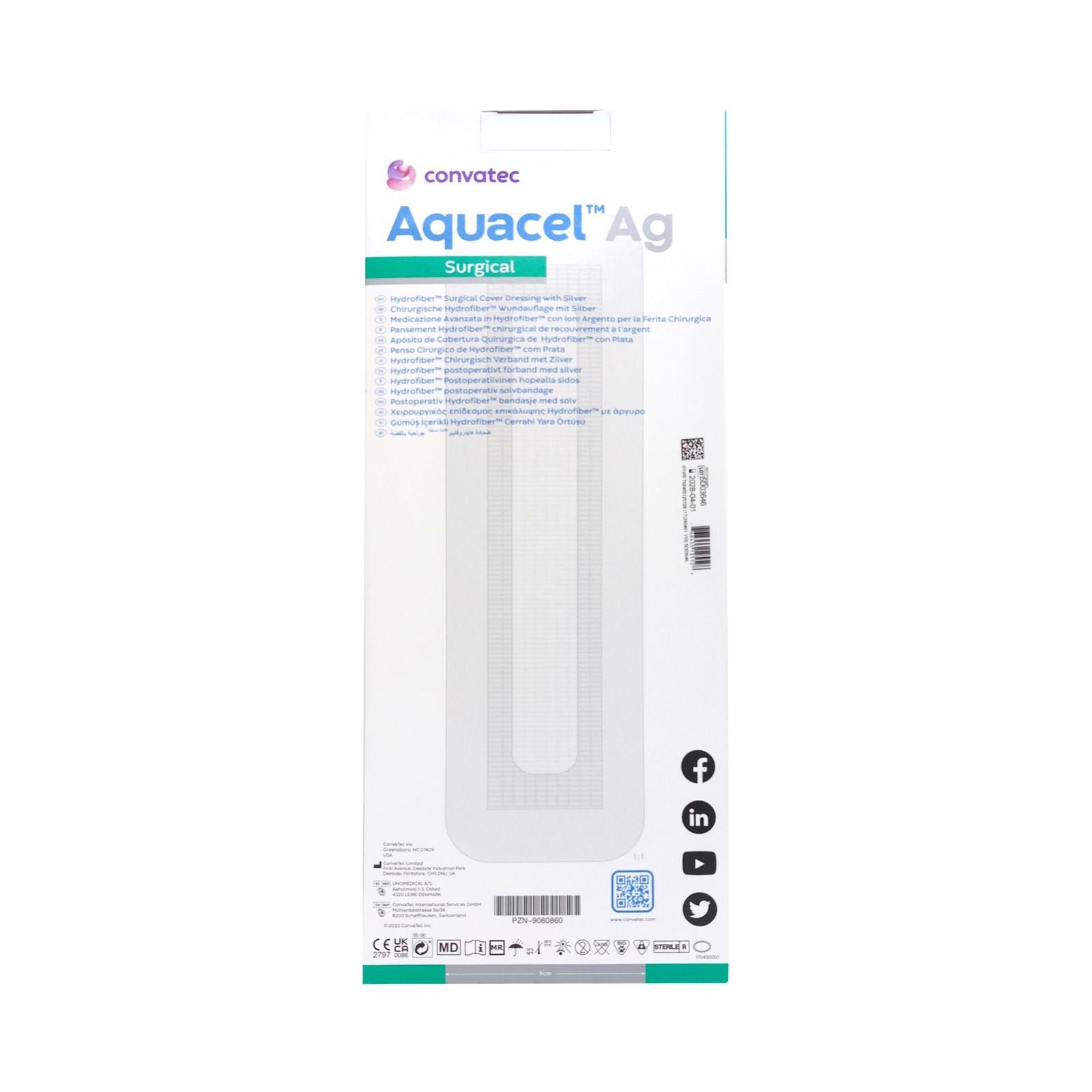 Retro della confezione AQUACEL Ag Surgical. Bianco, con immagine del prodotto. Testo, loghi e codice QR.