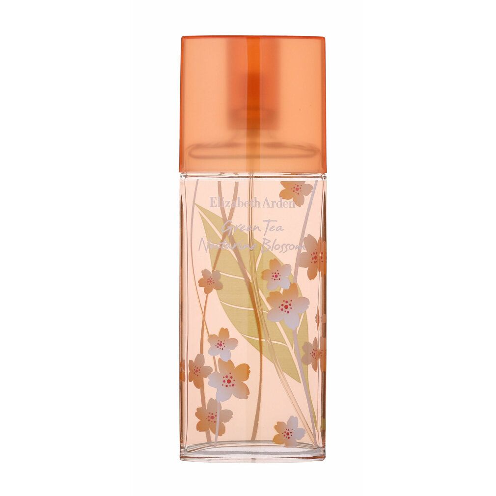 Flacone rettangolare con tappo arancione. Motivi floreali e foglie verdi. Testo: Green Tea Nectarine Blossom.