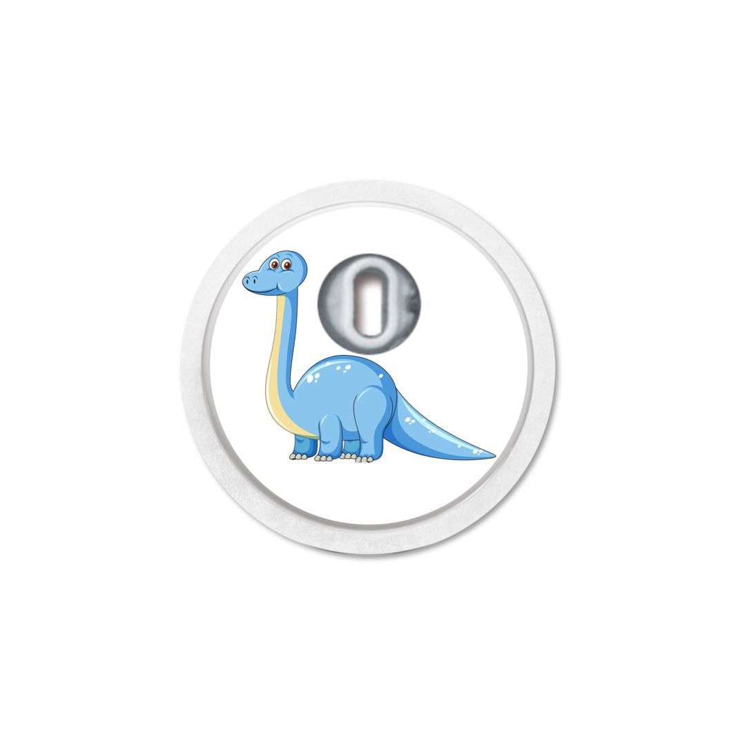 Adesivo rotondo con un Brachiosaurus blu e un numero argentato 0.