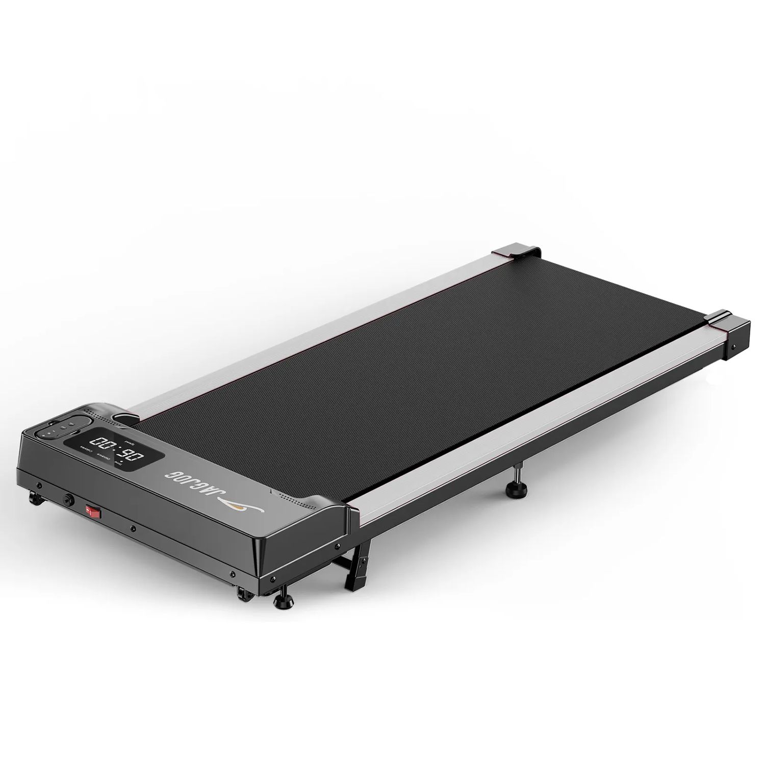 Tapis roulant nero con display LED. Design piatto, forma rettangolare. Dettagli grigi.