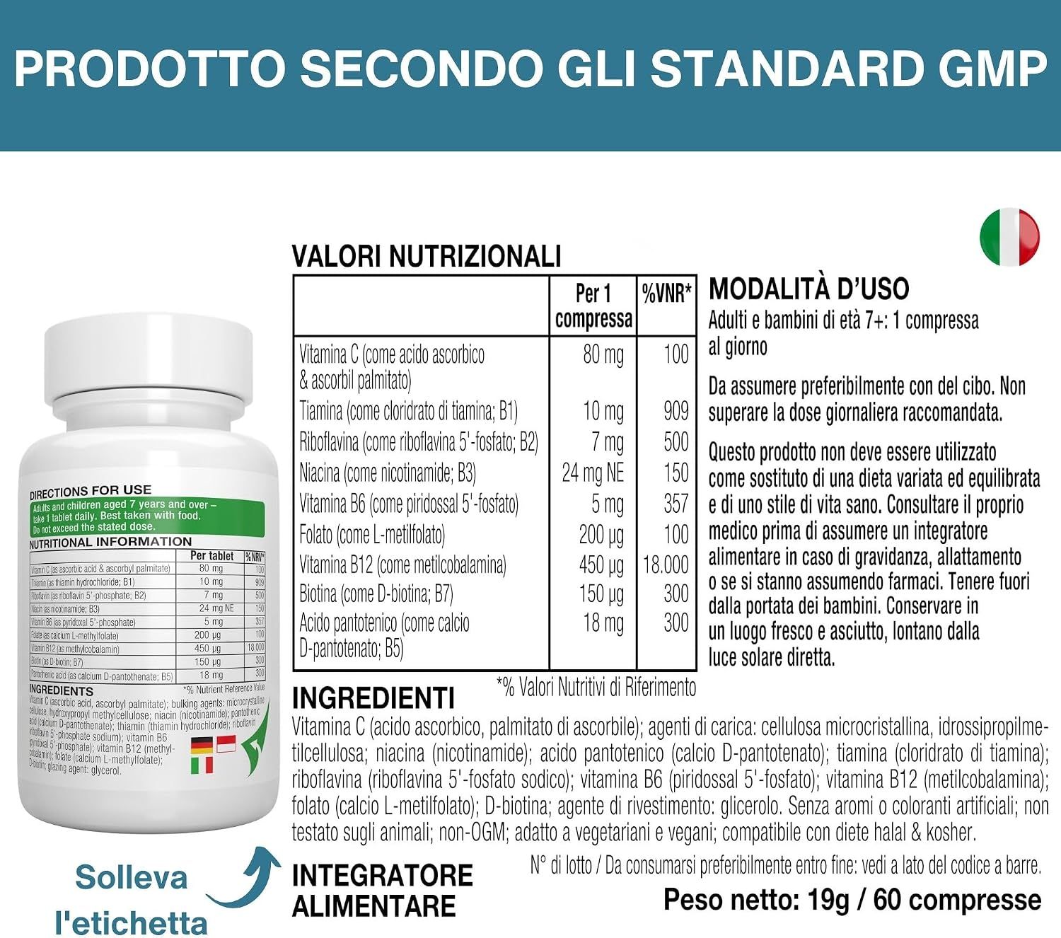 Flacone Igennus Super B-Komplex con informazioni nutrizionali e lista degli ingredienti.