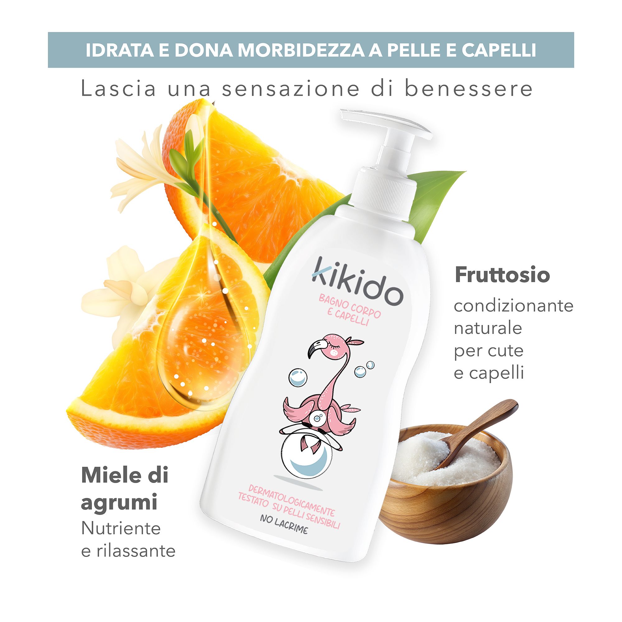 Flacone bianco con testo: Kikido, bagno corpo e capelli, dermatologicamente testato, No Lacrime. Grafici: arance, miele, fruttosio.