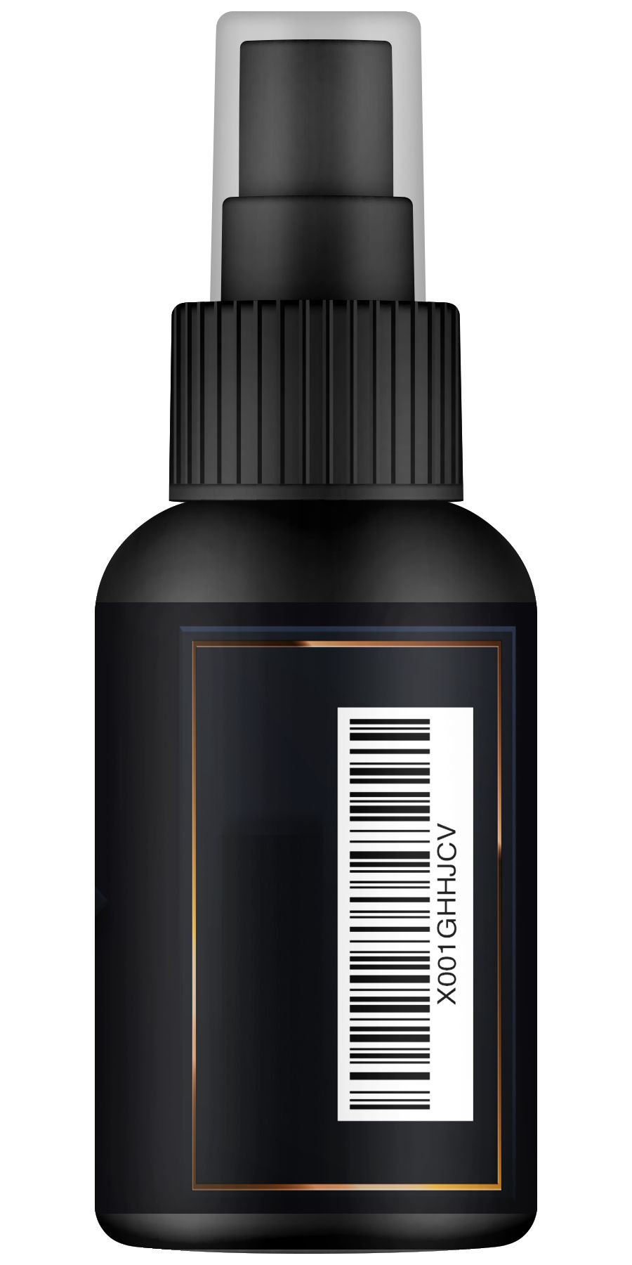 Flacone spray nero con codice a barre e testo "X001GHHJV".