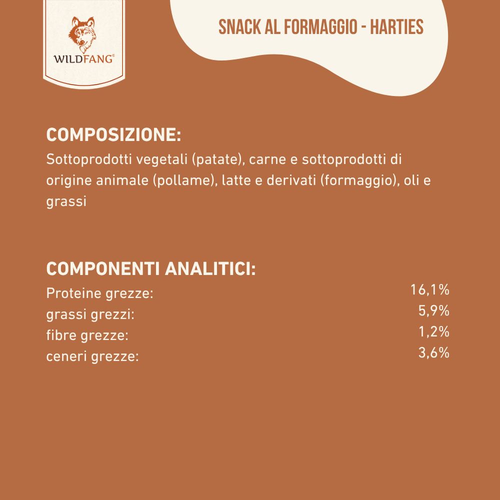 Composizione e analisi di Snack al formaggio - Harties. Testo in italiano. Informazioni nutrizionali.