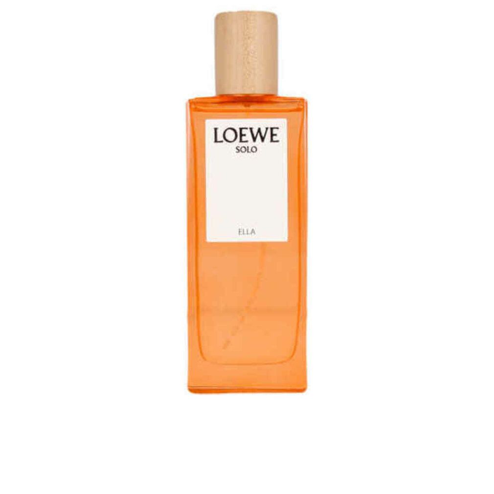 Loewe Solo Ella Eau de Parfum Spray. Flacone rettangolare con tappo in legno. Etichetta bianca con logo e nome del prodotto.