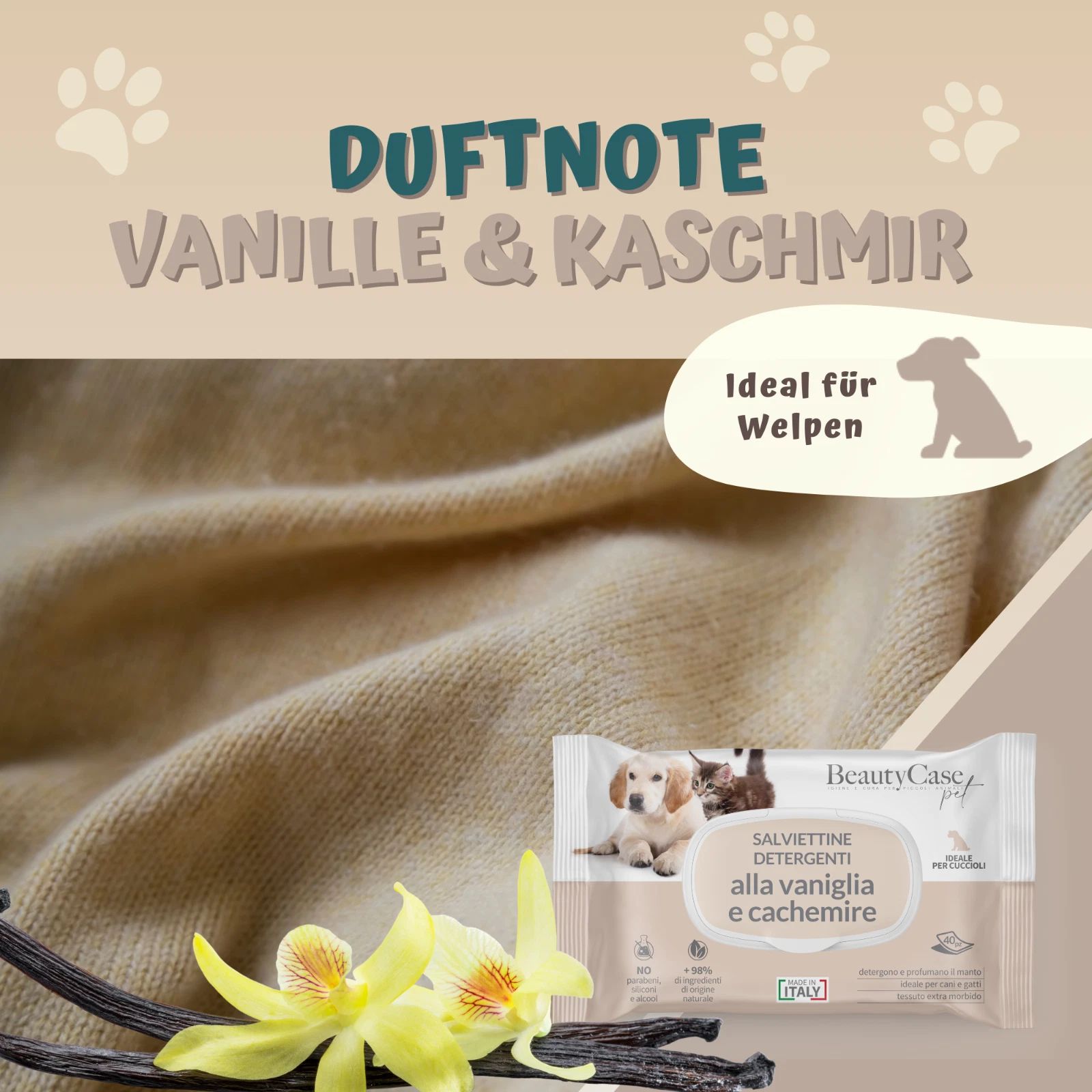 Prodotto con profumo Vaniglia & Cashmere. Immagine: confezione del prodotto, baccelli di vaniglia, fiore giallo. Ideale per cuccioli.