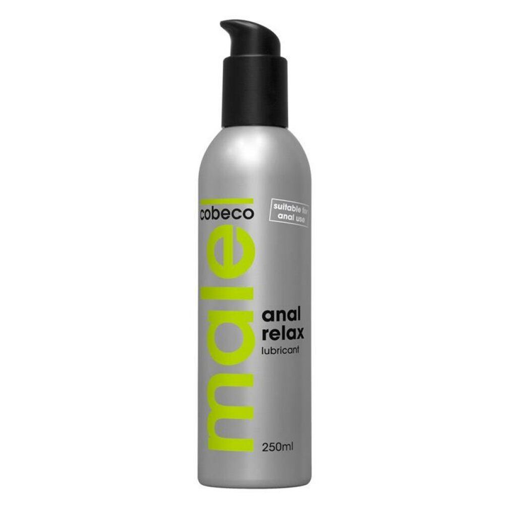 Flacone argento con erogatore nero. Scritta: male, anal relax lubricant, 250ml. Marchio: cobeco.