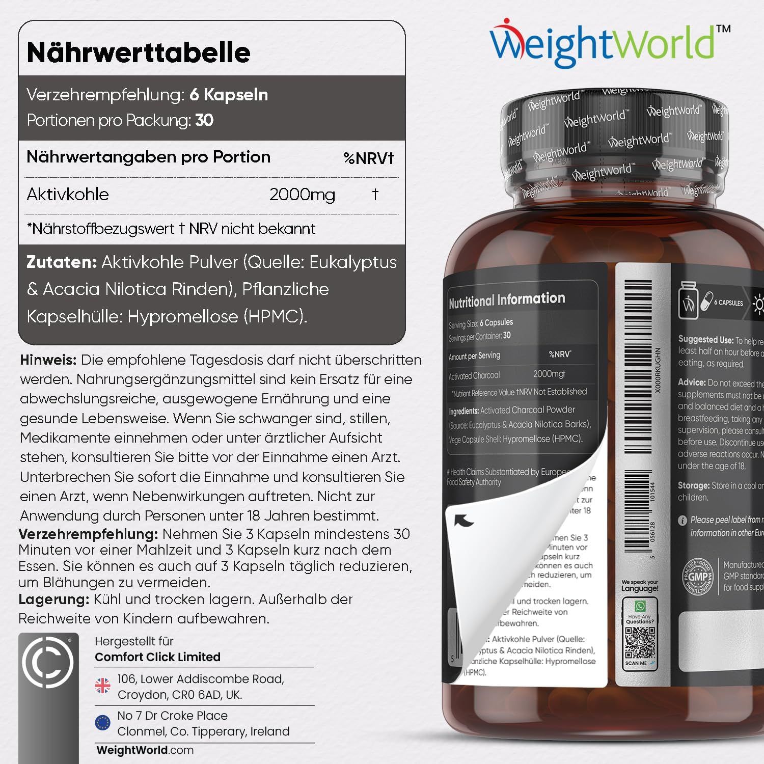 Tabella nutrizionale e flacone di capsule di carbone attivo. Ingredienti: Carbone attivo, Eucalipto e Acacia Nilotica. 180 capsule.