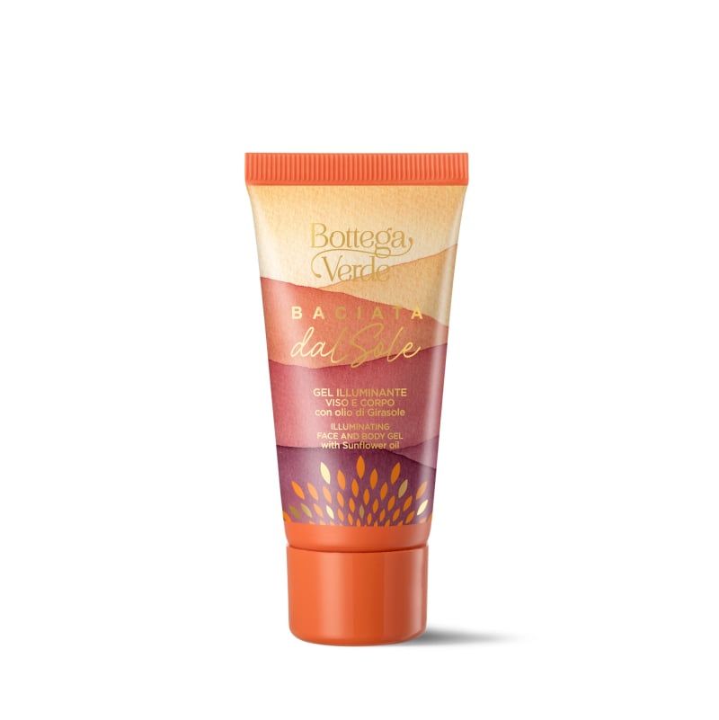 Tubo con tappo arancione. Scritta: Bottega Verde, Baciata dal Sole, Gel illuminante viso e corpo. Sfumatura da giallo a rosso.
