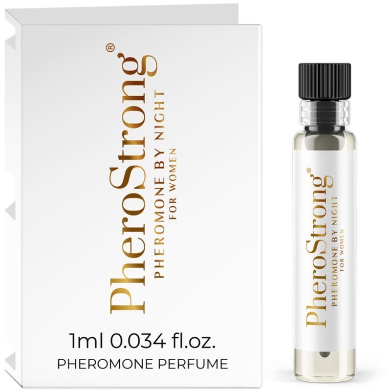 PheroStrong Profumo ai feromoni per donne, 1ml. Include una piccola bottiglia di vetro con applicatore e una scatola pieghevole.