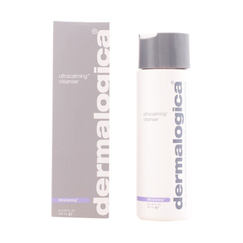 Flacone e scatola. Scritta UltraCalming Cleanser e Dermalogica. Confezione grigia.