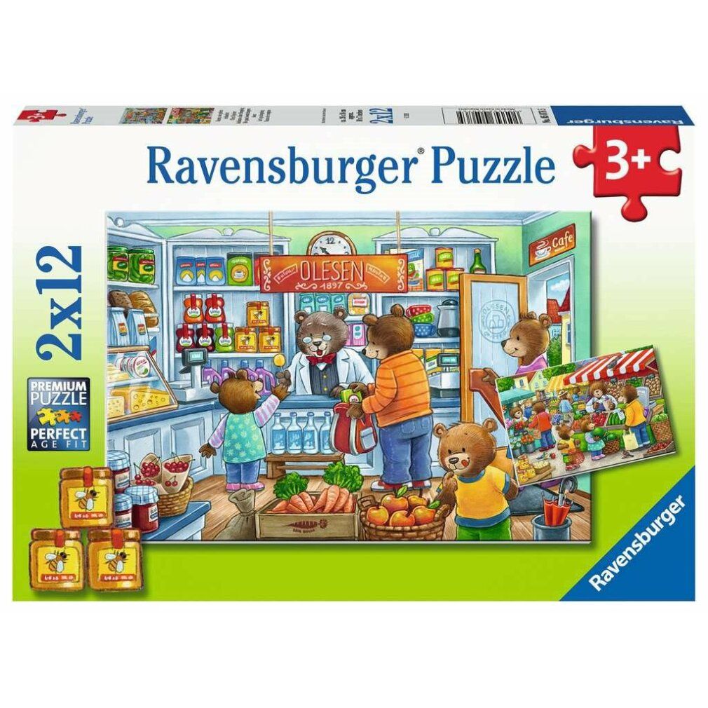 Puzzle Ravensburger, 2x12 pezzi. Orsi che fanno la spesa. Confezione con immagine del puzzle, orsi in un negozio, 3+.