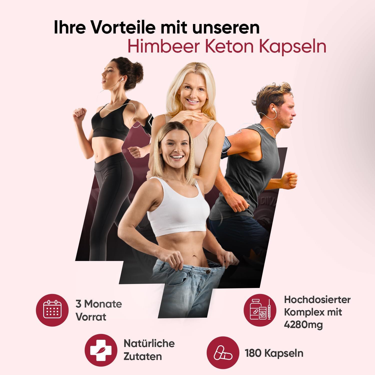 Diverse persone si allenano. Testo: Capsule di chetoni di lampone, 3 mesi di fornitura, ingredienti naturali, 180 capsule, complesso ad alta dose.