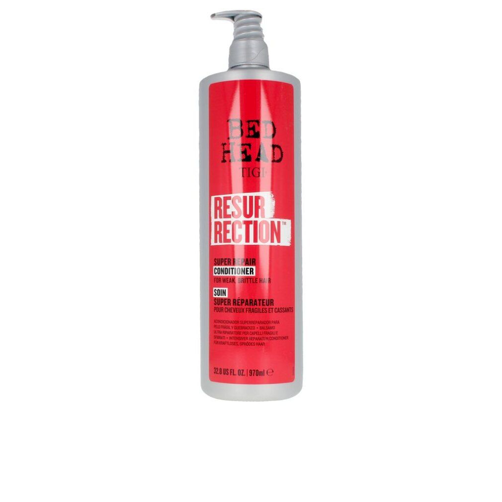 Flacone grigio con etichetta rossa. Bed Head Tigi Resurrection Conditioner. Con pompa. Testo in inglese e francese.