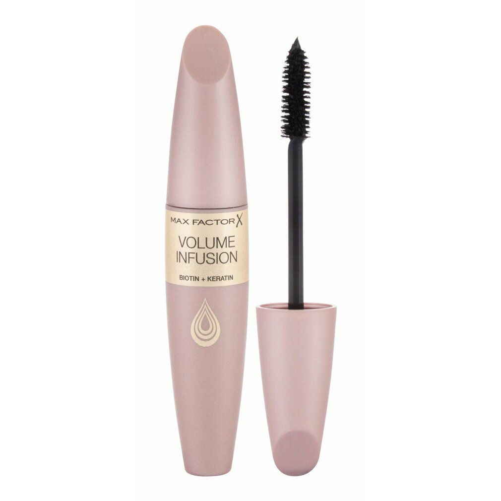 Mascara Max Factor Volume Infusion Nero. Tubo e spazzola. Scritta: Volume Infusion, Biotin + Keratin. Spazzola con setole nere.