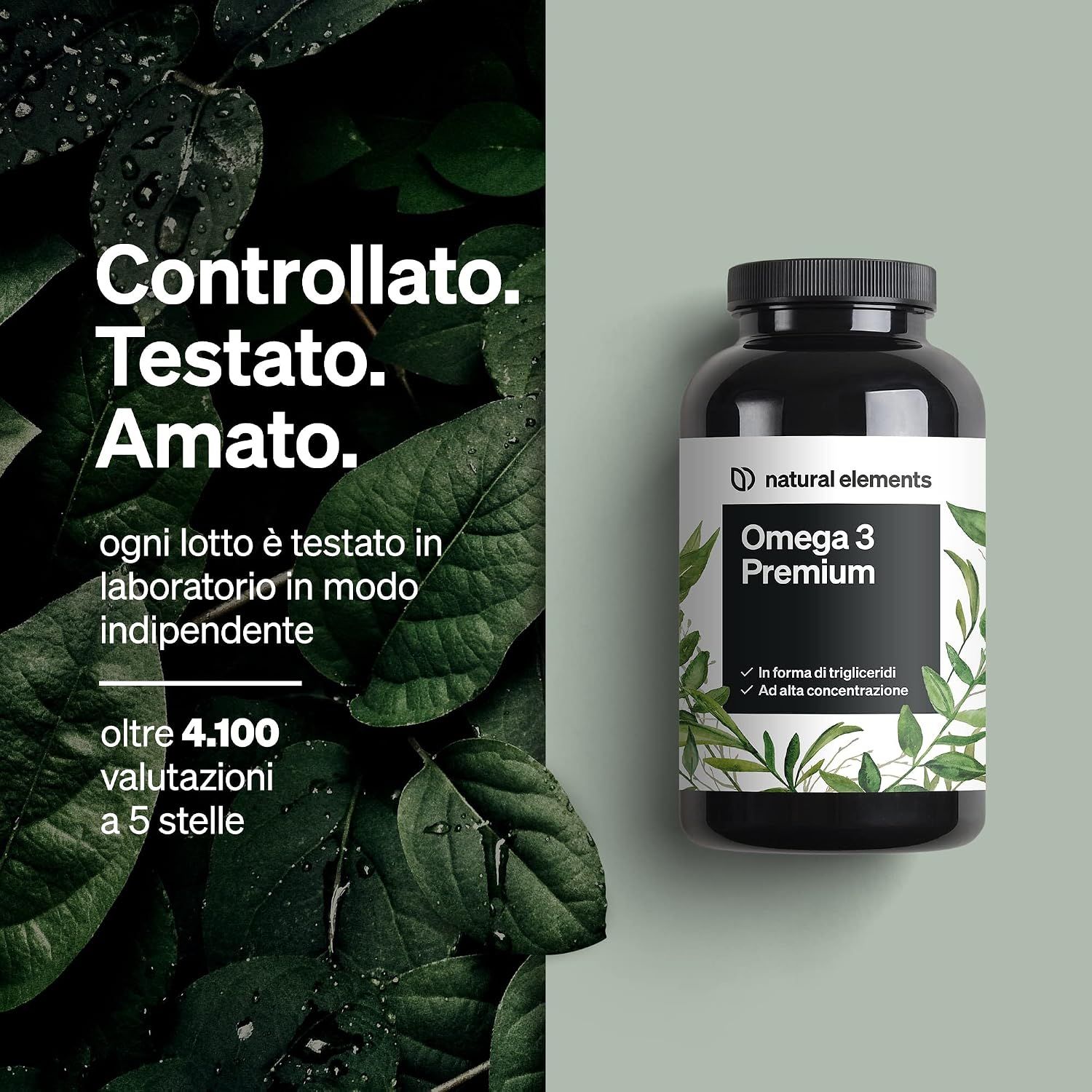 Una bottiglia di "Natural Elements Omega 3 Premium" è posizionata accanto a foglie verdi. L'etichetta indica "Forma trigliceridi".