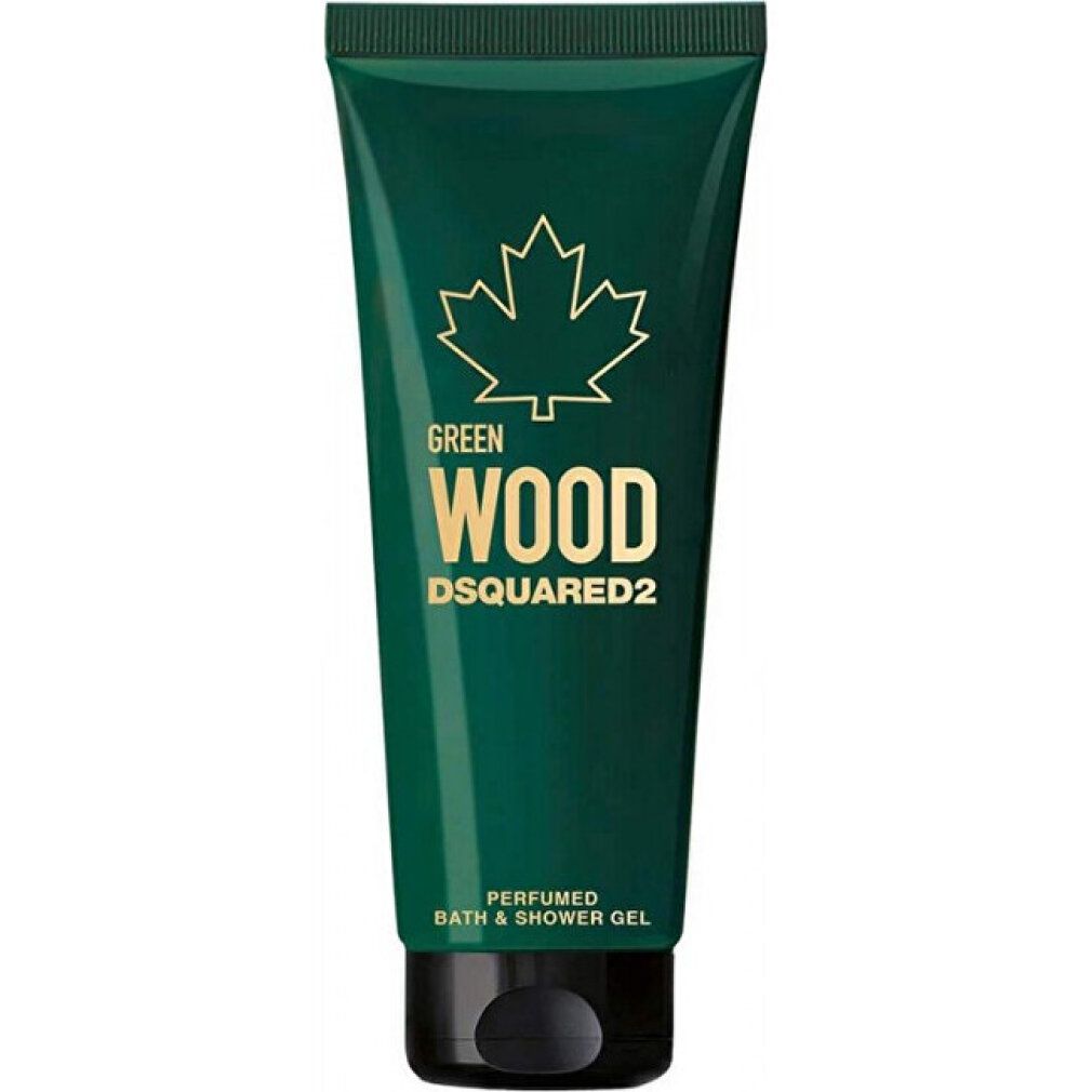 Tubo verde con scritta "Green Wood Dsquared2" e logo foglia d'acero. Contiene bagnoschiuma.