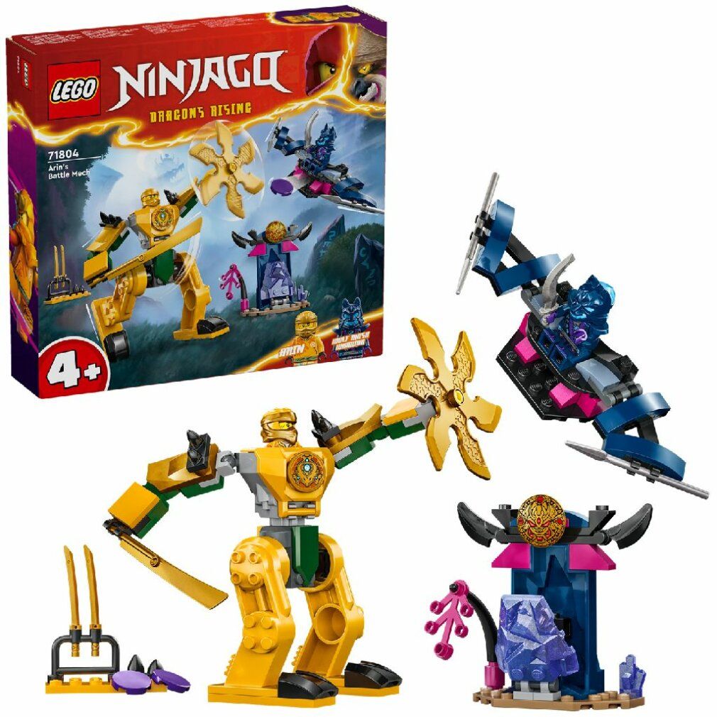 Set LEGO NINJAGO con robot giallo, costruzioni blu e viola. Confezione sullo sfondo. Età consigliata 4+.