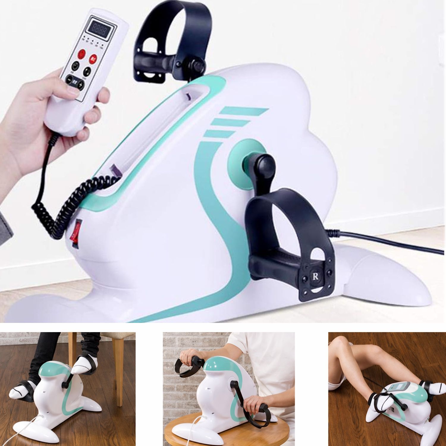 Il dispositivo con telecomando e pedali. Diverse immagini mostrano l'uso. Persone che usano il dispositivo.