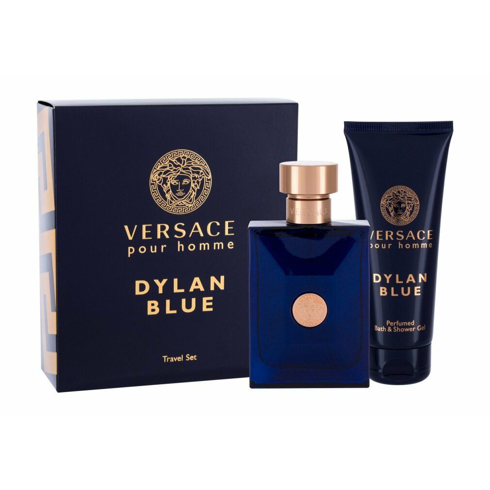 Set regalo con flacone, gel doccia e scatola. Flacone e gel doccia blu, scatola nera. Dettagli oro.