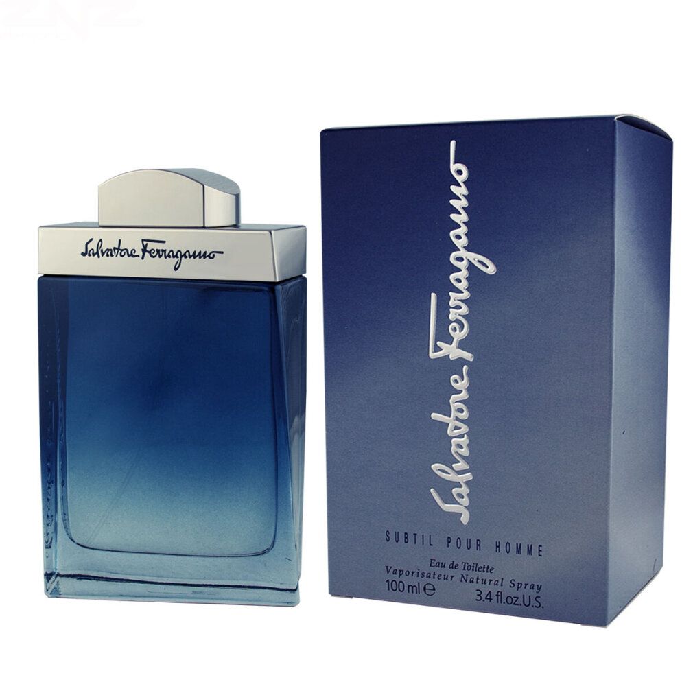 Salvatore Ferragamo Subtil Pour Homme Eau de Toilette Spray. Flacone e confezione. Sfumatura blu.