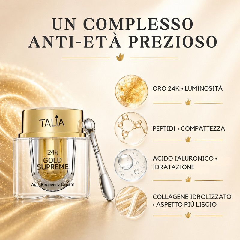 Un vasetto di crema 24k Gold Supreme Age-Recovery con infografiche sugli ingredienti.