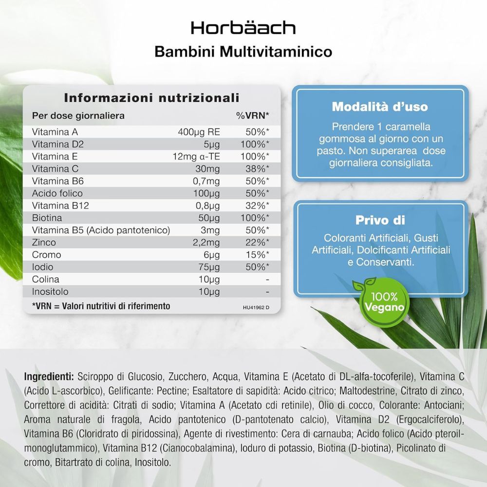 Horbaach Bambini Multivitaminico. Informazioni nutrizionali. Istruzioni per l'uso. 100% Vegano. Senza additivi.