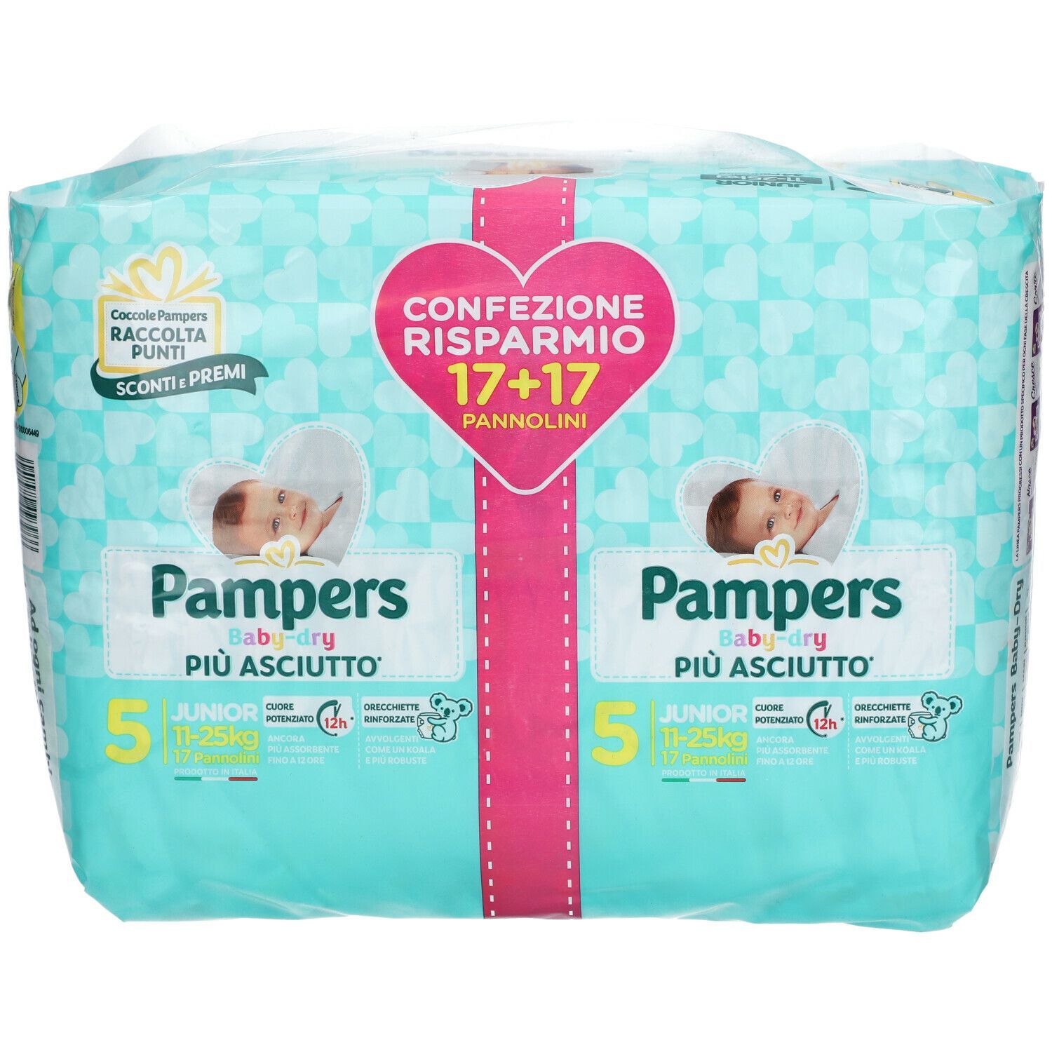 Confezione Pampers Baby Dryduo JuniorX 34 pannolini. Scritte: 5, Junior, più asciutto. Confezione con informazioni e logo.