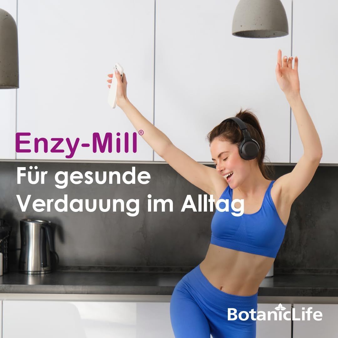 Donna che balla con le cuffie. Testo: Enzy-Mill, Per una sana digestione nella vita quotidiana. Marchio: BotanicLife.