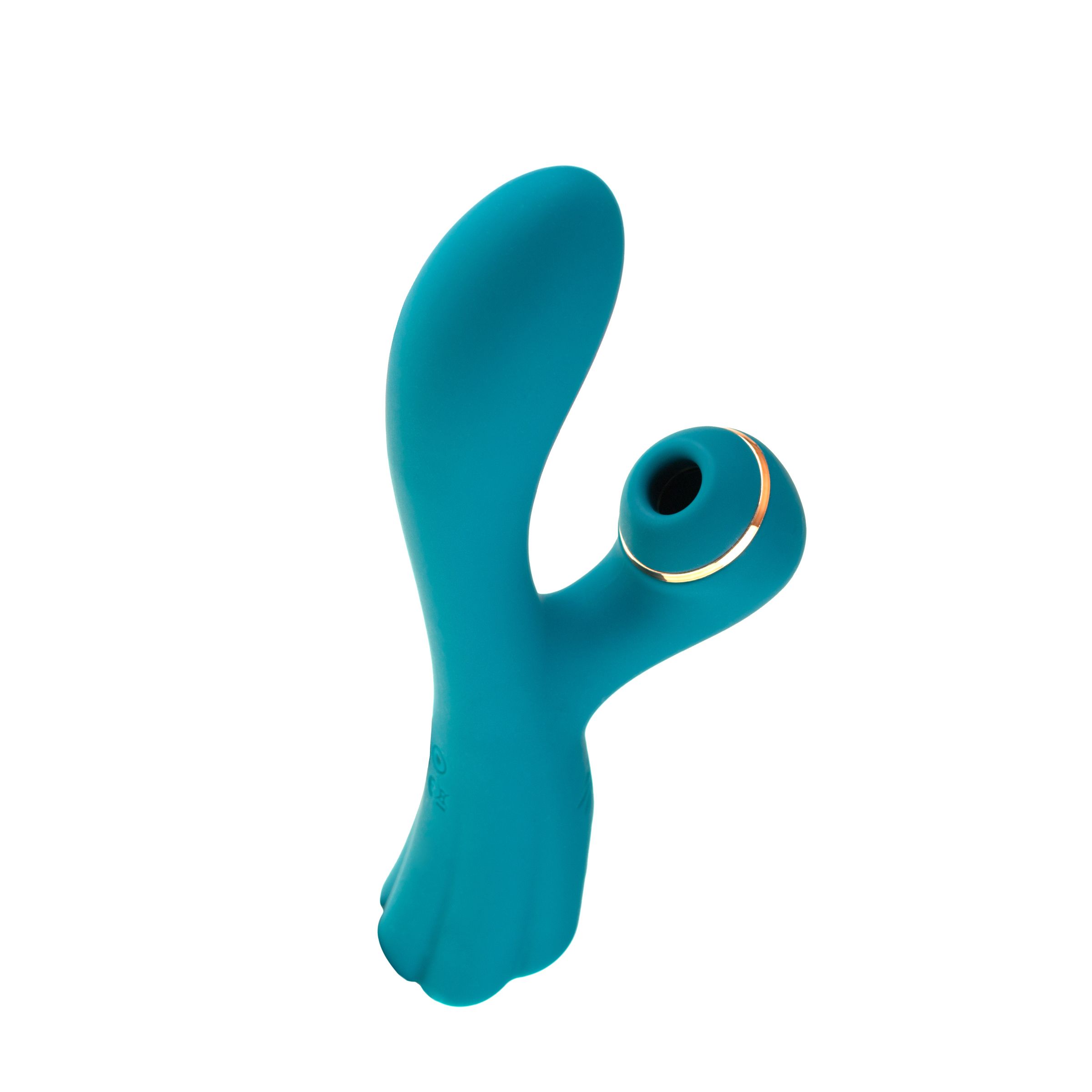 Giocattolo sessuale turchese curvo, con dettaglio dorato sulla testa.