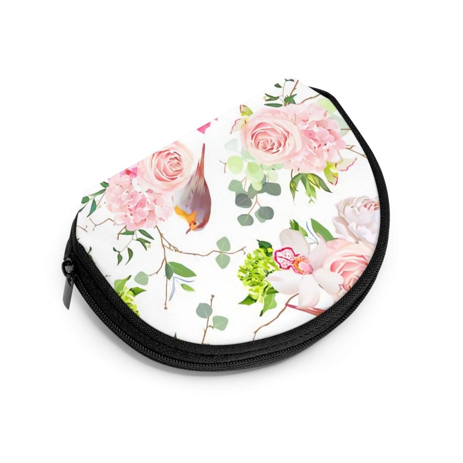 Portafoglio a mezzaluna con motivo floreale e uccello. Cerniera e bordo neri.