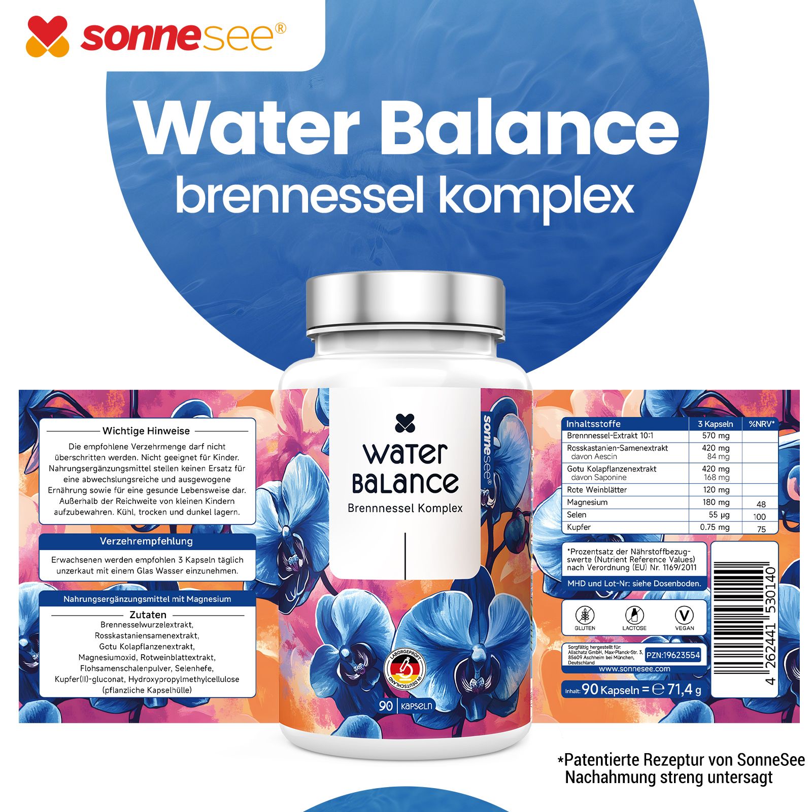 SonneSee Water Balance Ortica Complesso: Flacone, confezione con ingredienti e istruzioni per l'uso.