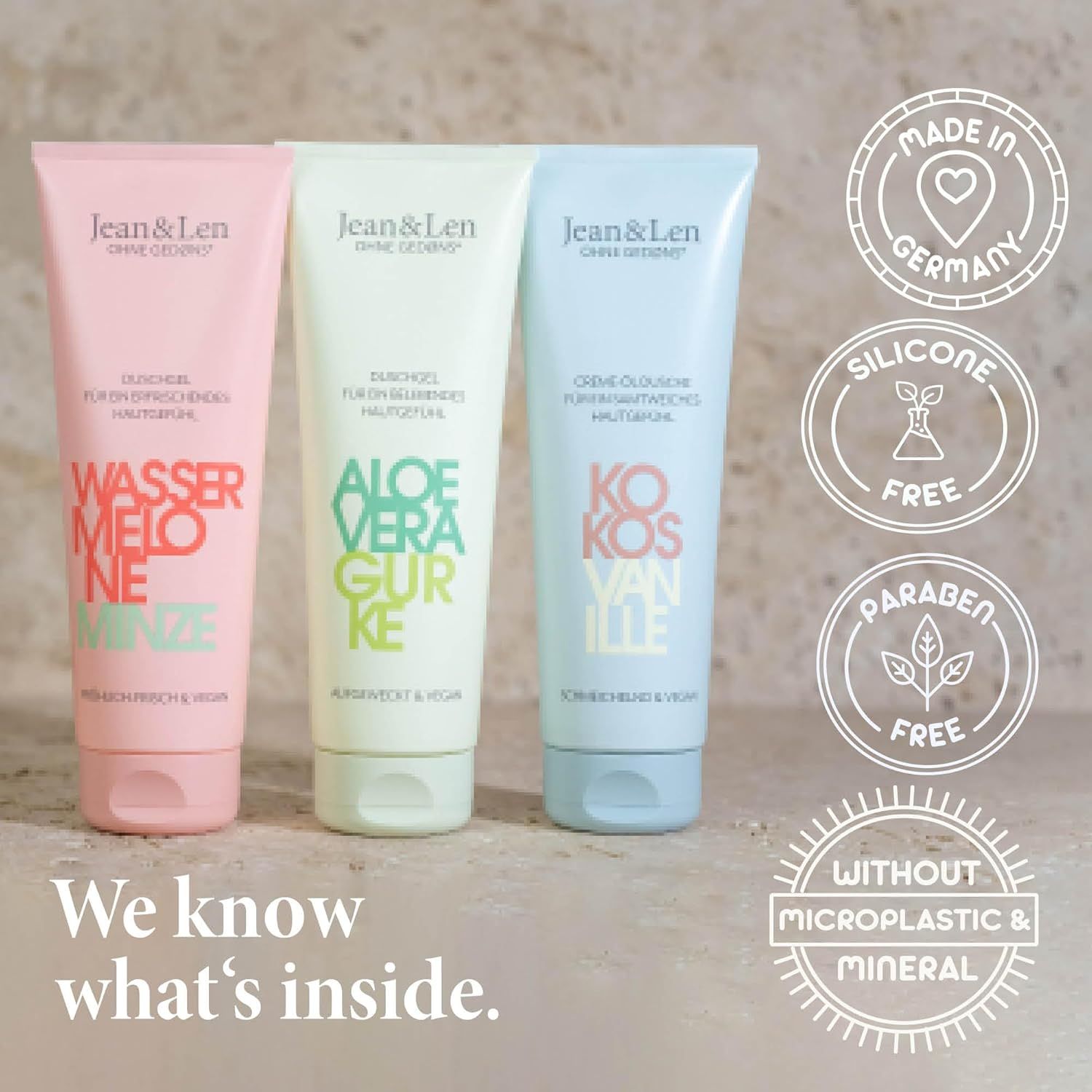 Tre tubi. Anguria Menta, Aloe Vera Cetriolo, Cocco Vaniglia. Sigilli: Made in Germany, Senza silicone, Senza parabeni, Senza microplastica.