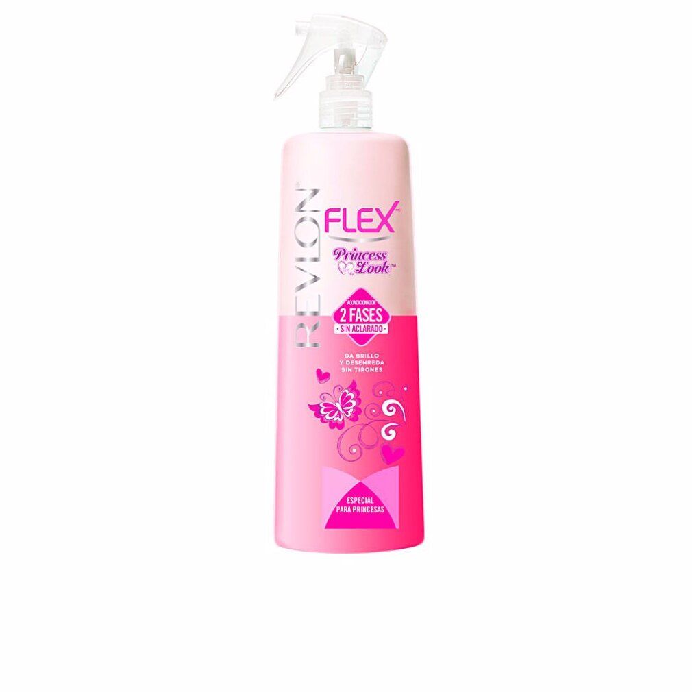 Flacone rosa con spruzzatore. Scritta: Revlon Flex Princess Look, 2 fasi. Decorazione con farfalle e cuori.