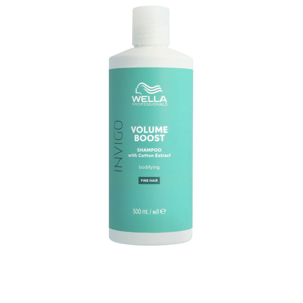 Flacone di shampoo con tappo bianco. Scritte: Wella Professionals, Volume Boost, Shampoo with Cotton Extract, bodifying, Fine Hair.