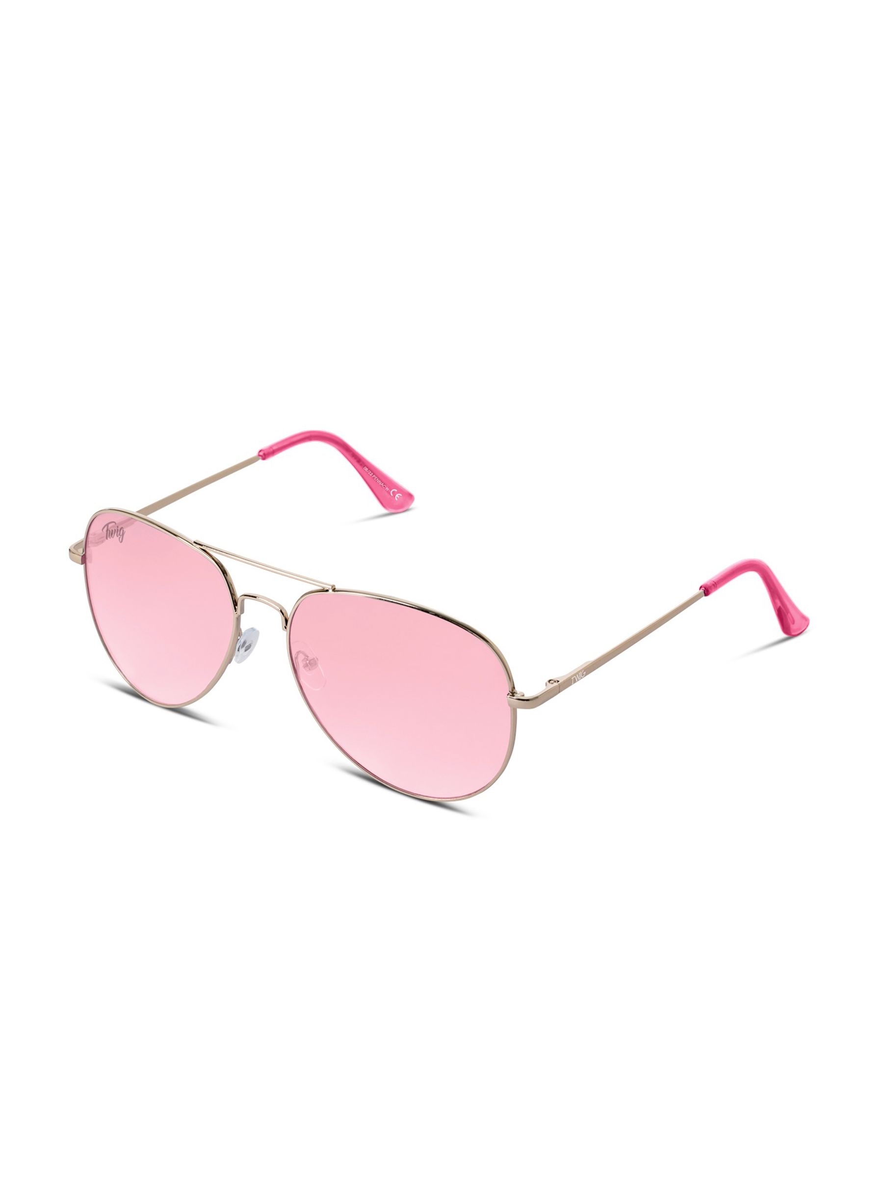 Occhiali da sole rosa con montatura dorata e aste rosa.