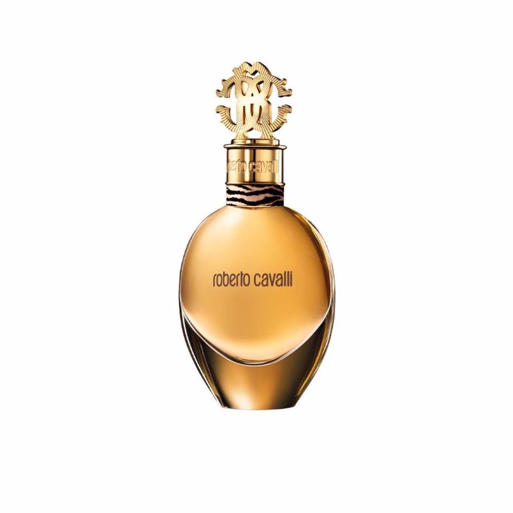Flacone dorato con tappo dorato e logo del marchio. Il flacone ha una forma rotonda e la scritta "roberto cavalli".